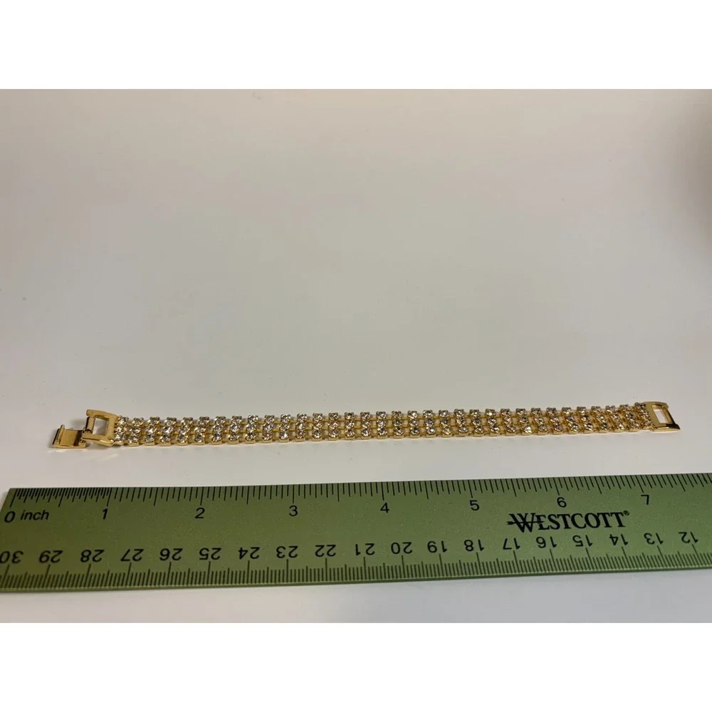 Vintage Gold Tone Bracelet Clear Rhinestone‎ Triple Row Elegant Jewelry